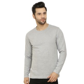 Full Sleeve Melange Grey Cotton T-Shirt for Men