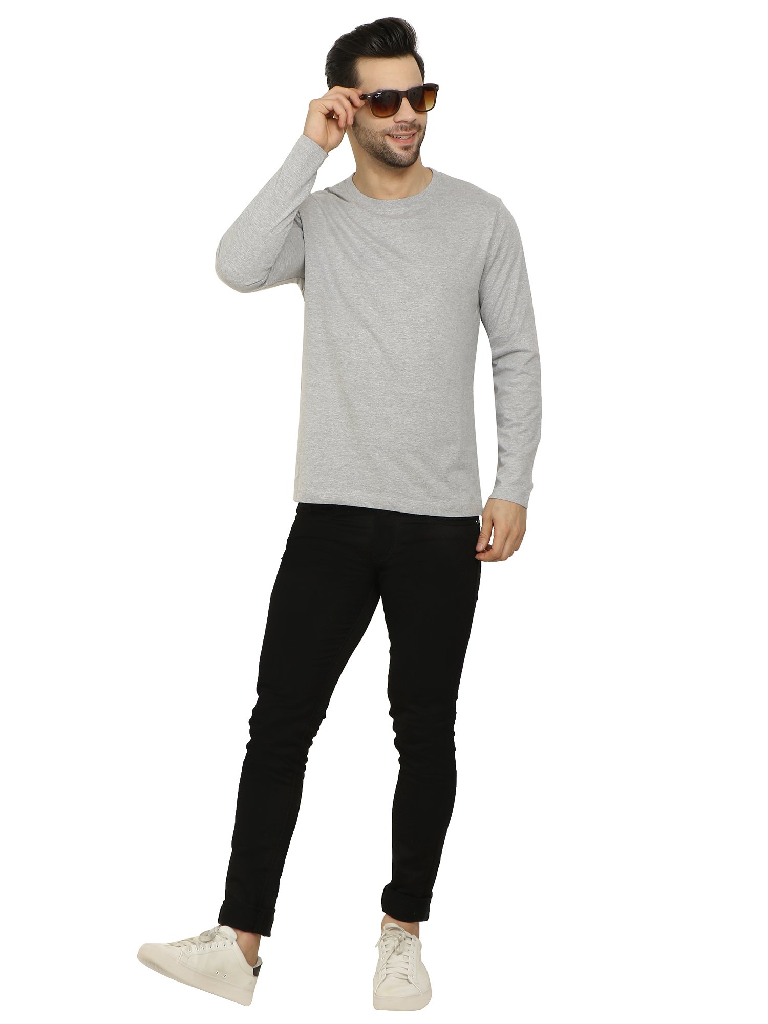 Full Sleeve Melange Grey Cotton T-Shirt for Men - Image 4