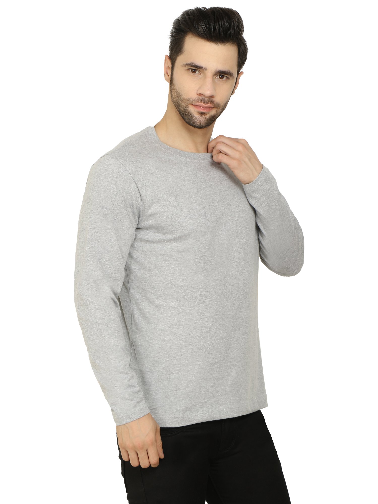 Full Sleeve Melange Grey Cotton T-Shirt for Men - Image 5