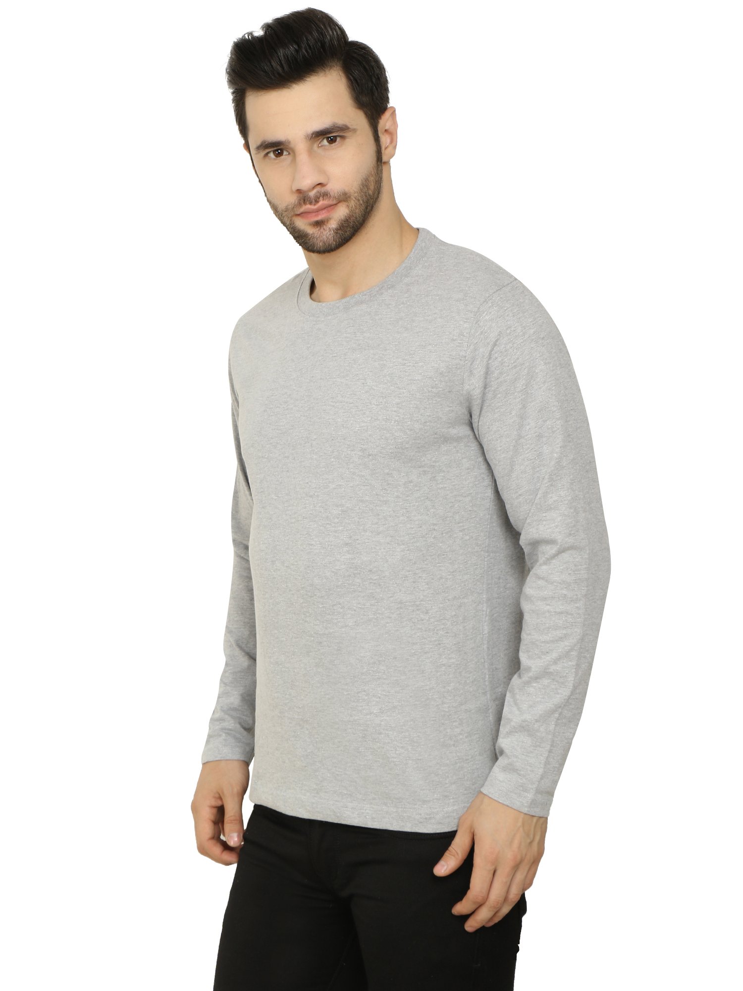 Full Sleeve Melange Grey Cotton T-Shirt for Men - Image 6